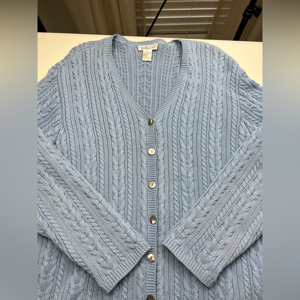 Talbots Vtg Cable Knit Cardigan Womens Blue Shell Buttons Long Sleeve Cotton